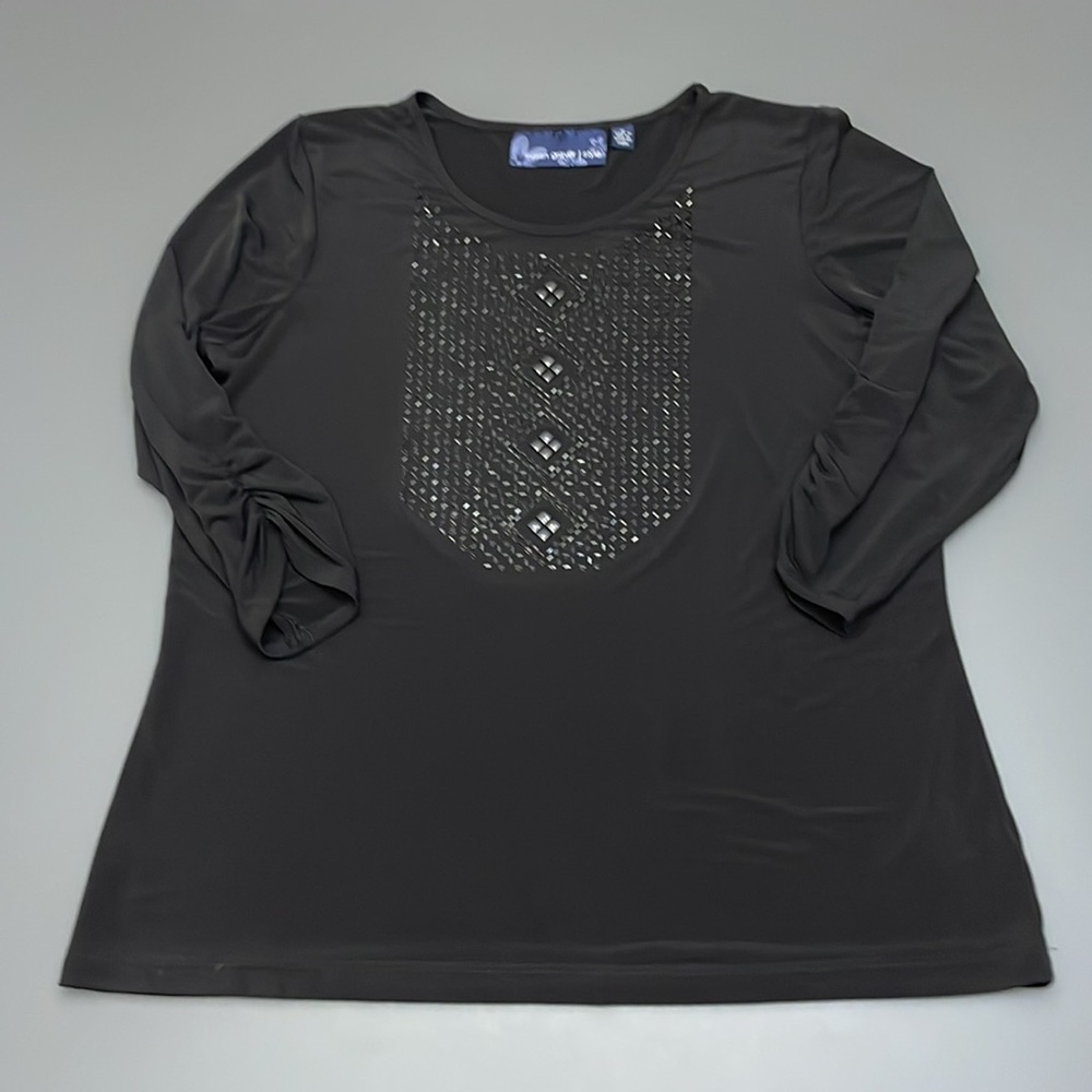 Susan Graver top 3/4 cinch sleeve top black beaded sz M stretchy MADE USA comfy